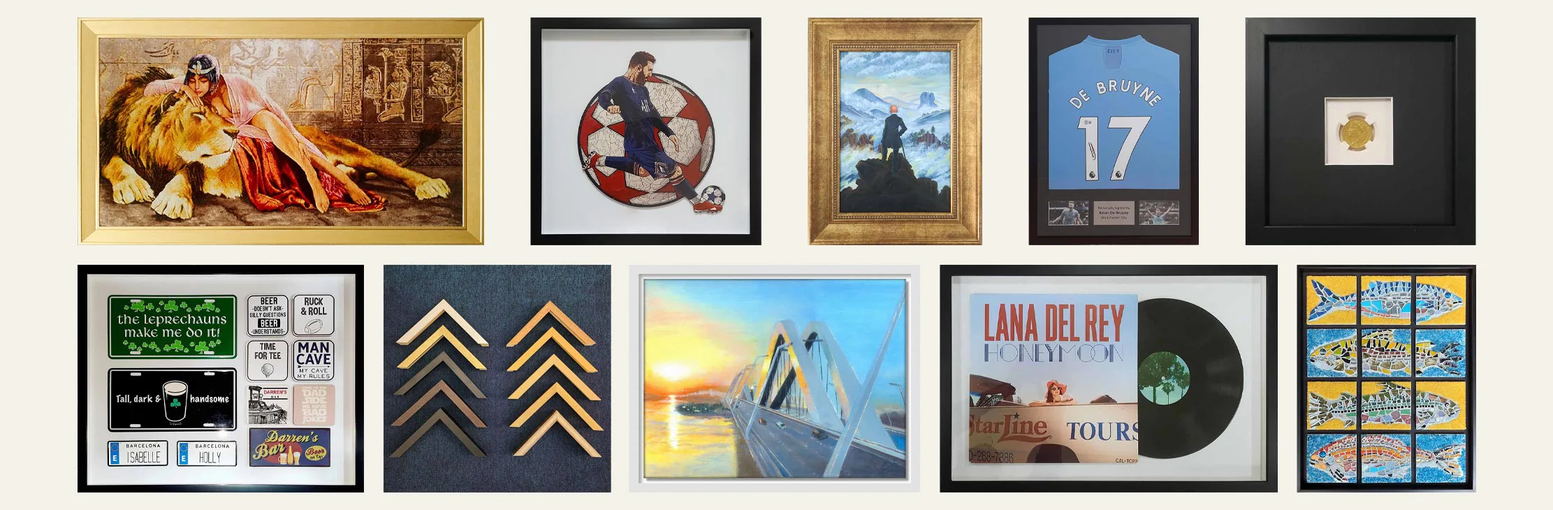 A collection of beautifully framed art and memorabilia